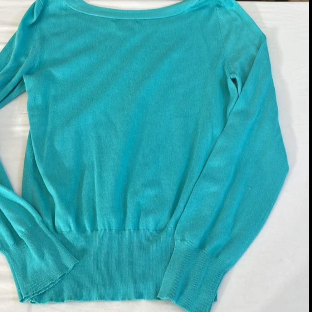 Carole Little size medium aqua Blue boat Neck Sweater with Fitted Silhouette
